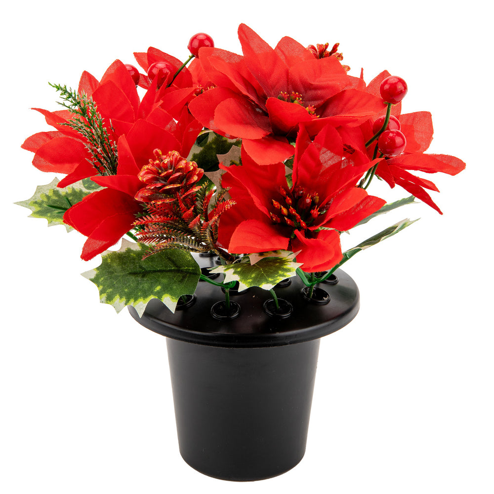 Grave Pot Red Poinsettia and Holly & Berries image 0