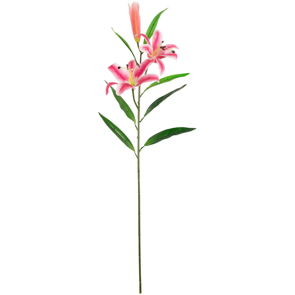 Lily Stem x 2, 1 Bud & 7 Leaves Hot Pink image 0