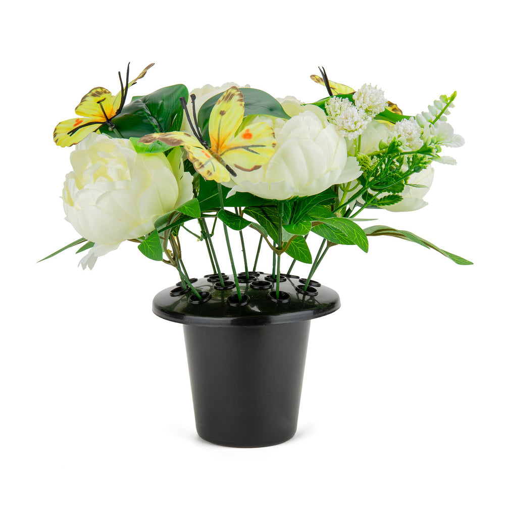 Grave Pot Peonies and Butterflies Ivory/White image 0