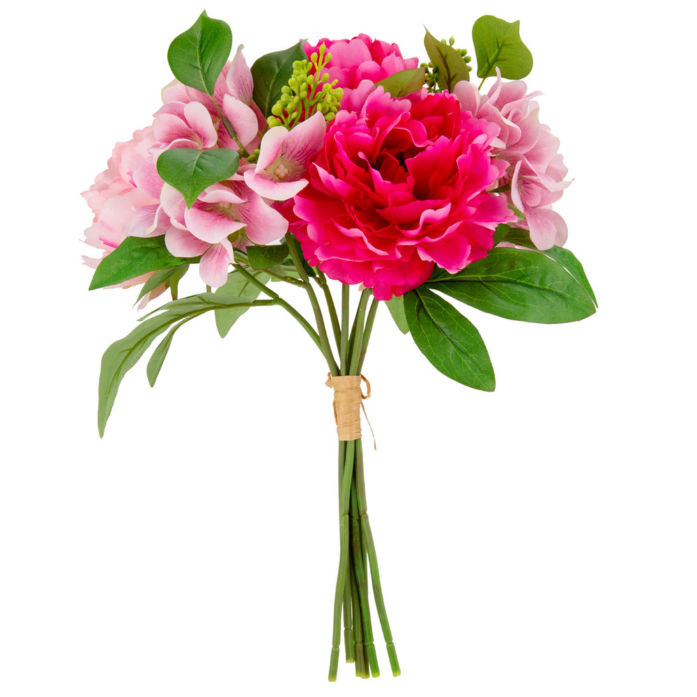 38cm Peony Hydrangea with Greenery Bouquet Dark Pink/Mid Pink image 0